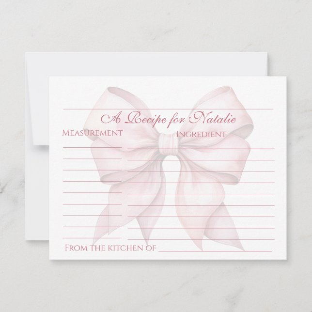 Personalised Pink Bow Bridal Shower Recipe Card (Front)