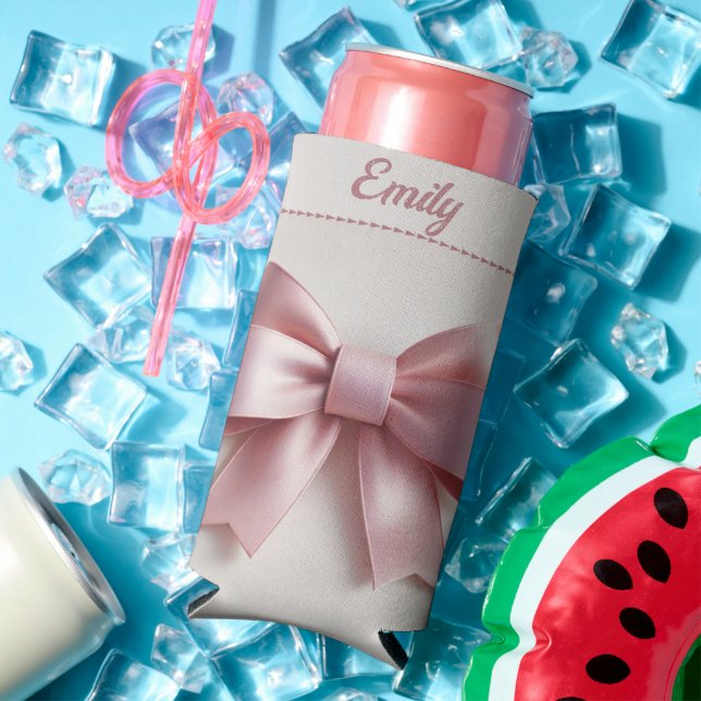 Personalised Pink Bow Can Cooler - Cute & Unique (In Situ Summer)