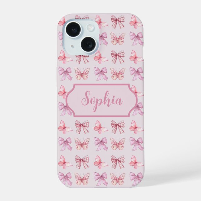 Personalised Pink Bow Coquette style iPhone 15 Case (Back)