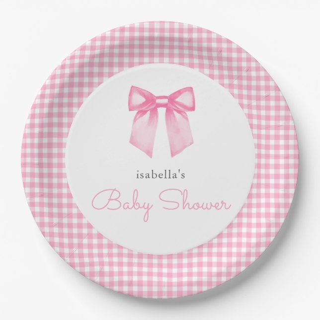 Personalised Pink Bow Girl Baby Shower Paper Plate (Front)