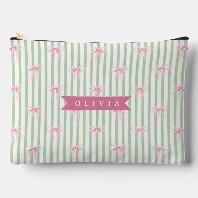 Personalised Pink Bow Green Stripe Coquette Preppy Accessory Pouch (Front)