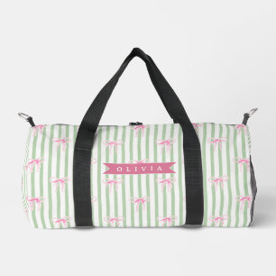 Personalised Pink Bow Green Stripe Coquette Preppy Duffle Bag
