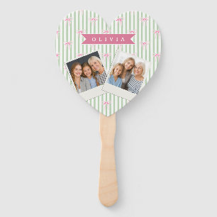 Personalised Pink Bow Green Stripe Coquette Preppy Hand Fan