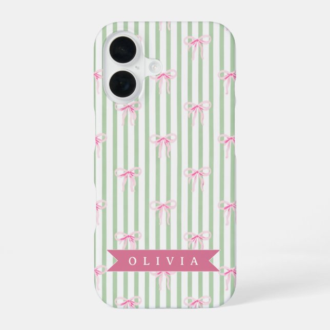Personalised Pink Bow Green Stripe Coquette Preppy iPhone 16 Case (Back)