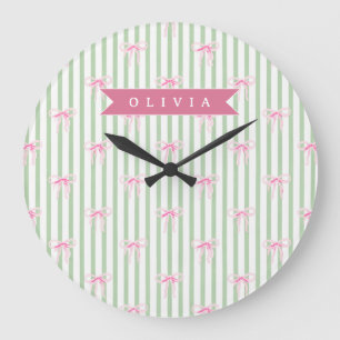 Personalised Pink Bow Green Stripe Coquette Preppy Large Clock