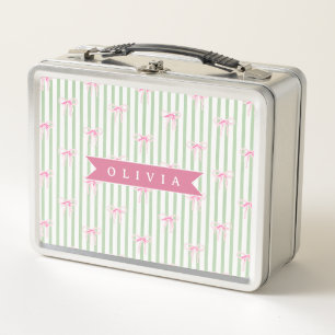 Personalised Pink Bow Green Stripe Coquette Preppy Metal Lunch Box