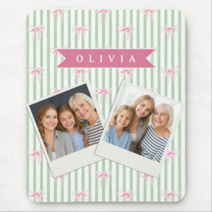 Personalised Pink Bow Green Stripe Coquette Preppy Mouse Mat