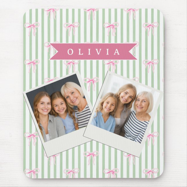 Personalised Pink Bow Green Stripe Coquette Preppy Mouse Mat (Front)