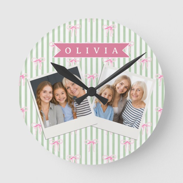Personalised Pink Bow Green Stripe Coquette Preppy Round Clock (Front)