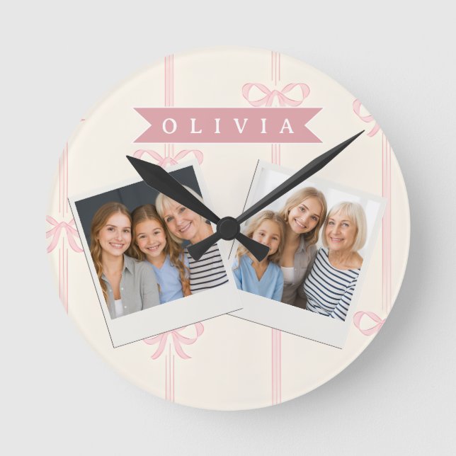Personalised Pink Bow Name Gift Elegant Coquett Round Clock (Front)