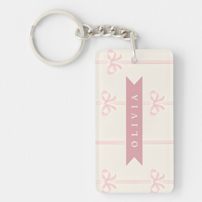 Personalised Pink Bow Name Gift Elegant Coquette Key Ring (Front)