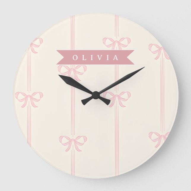 Personalised Pink Bow Name Gift Elegant Coquette Large Clock (Front)