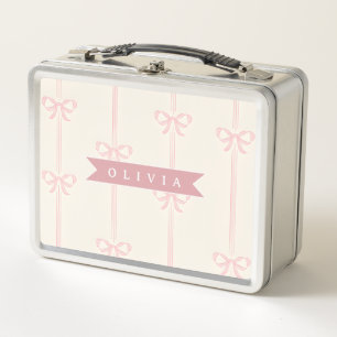 Personalised Pink Bow Name Gift Elegant Coquette Metal Lunch Box