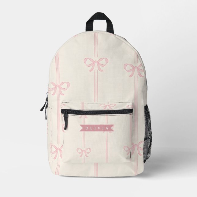 Personalised Pink Bow Name Gift Elegant Coquette Printed Backpack (Front)
