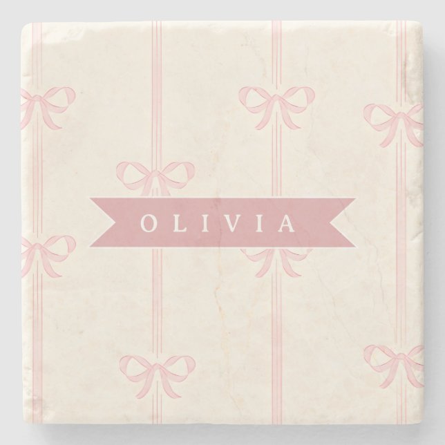 Personalised Pink Bow Name Gift Elegant Coquette Stone Coaster (Front)