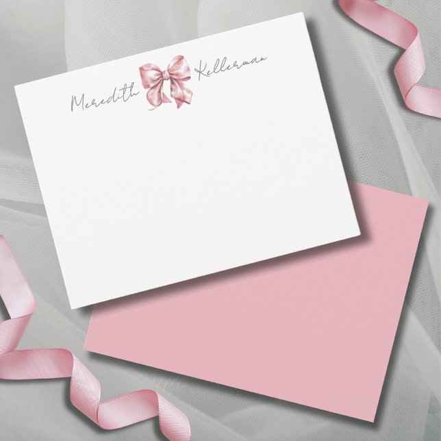 Personalised Pink Bow Name Monogram Card (Personalized Pink Bow Name Monogram Note Card)