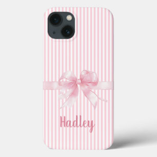 Personalised Pink Bow Striped iPhone Case   Custom