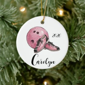 Personalised Pink Bowling Christmas  Ceramic Tree Decoration