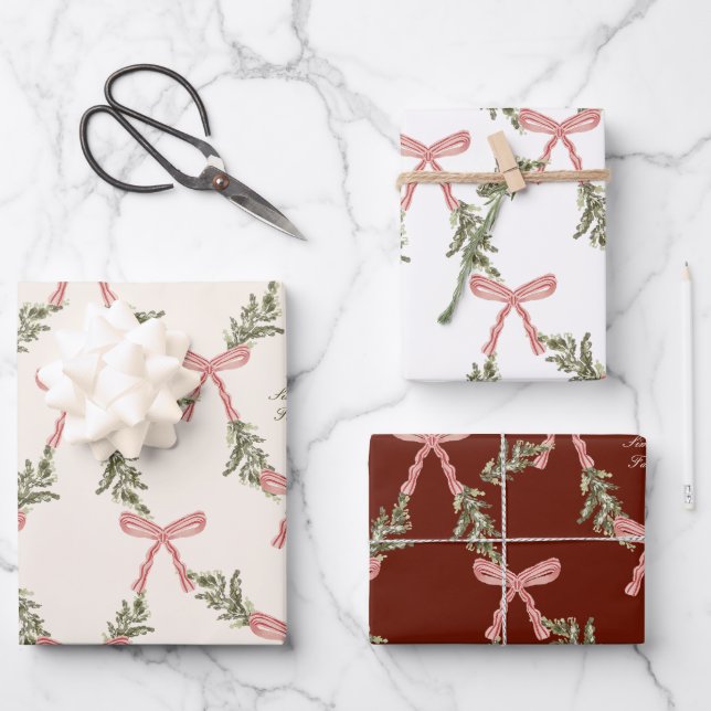 Personalised Pink Bows Greenery Christmas Gift Wrapping Paper Sheet (Front)