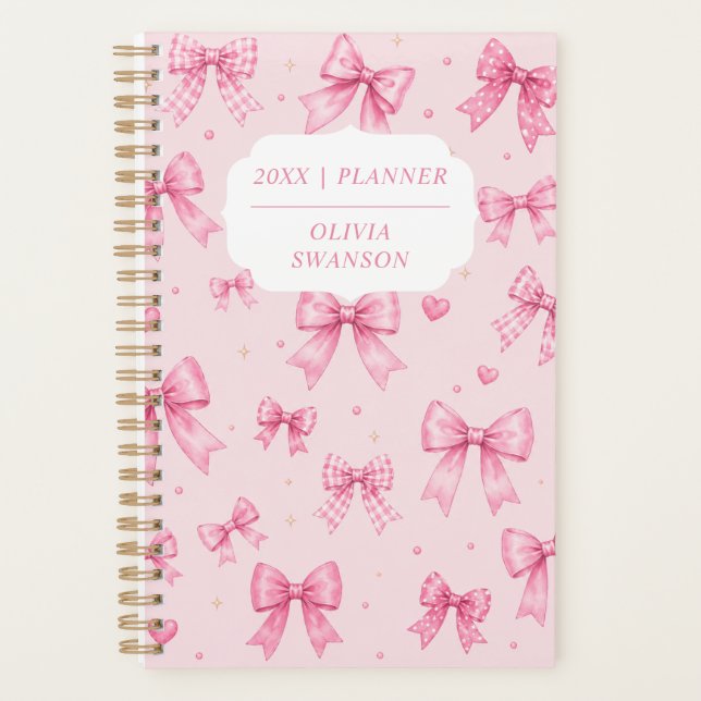 Personalised Pink Bows Preppy Custom Name Year Planner (Front)