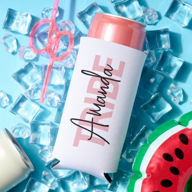 Personalised Pink Bride Tribe Typography Seltzer Can Cooler (In Situ Summer)