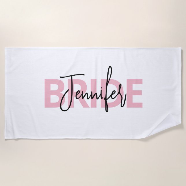 Personalised Pink Bride Typography Beach Towel (Front)