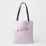 Personalised Pink Bridesmaid Name Custom Tote Bag<br><div class="desc">Personalised Pink and Black Bridesmaid Name Custom Tote Bag with editable text and wording for your date,  destination or location,  name,  and fun quote like "dress holder,  drink fetcher,  sanity keeper" makes a fun and useful keepsake for all your bridesmaids.</div>