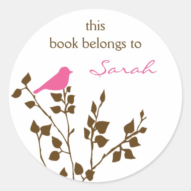 Personalised Pink Brown Girly Bird Book Stickers (Front)