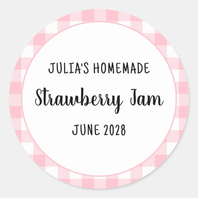Personalised Pink Buffalo Plaid Strawberry Jam Classic Round Sticker (Front)