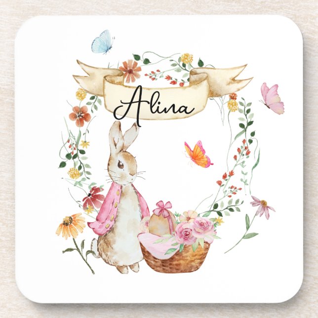 Personalised Pink Bunny Easter Watercolor   Coaster (Front)