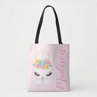 Personalised Pink Bunny Face Floral Tote Bag