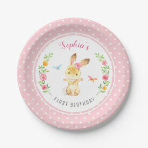 Personalised Pink Bunny Girl First Birthday Party Paper Plate