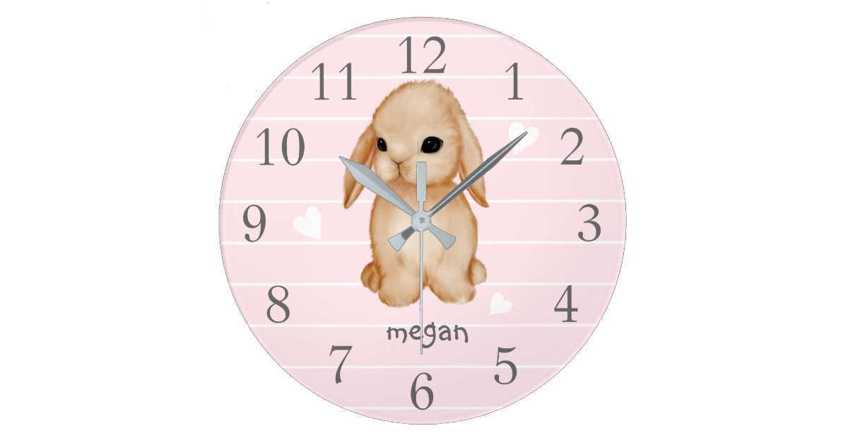 Personalised Pink Bunny Nursery Wall Clock Zazzle.co.uk