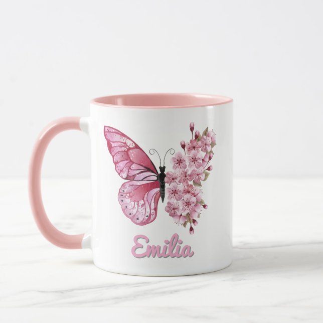 Personalised Pink Butterfly & Cherry Blossom  Mug (Left)