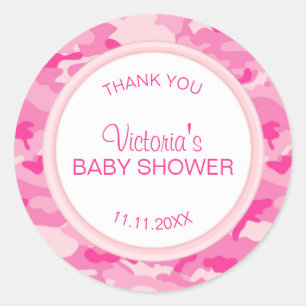 Personalised Pink Camo Girl Baby Shower Thank You Classic Round Sticker