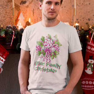 Personalised Pink Candy Cane Family Christmas  T-Shirt