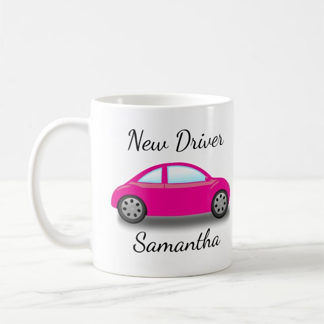 Personalised Pink Car New Driver's License Coffee Mug (Left)