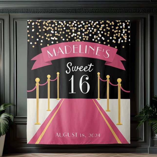 Personalised Pink Carpet Theme Sweet 16 Backdrop Tapestry (Creator Uploaded)