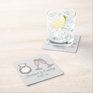 Personalised Pink Champagne Diamond Wedding Ring Square Paper Coaster