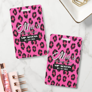 Personalised Pink Cheetah VIP Birthday Party Pass ID Badge