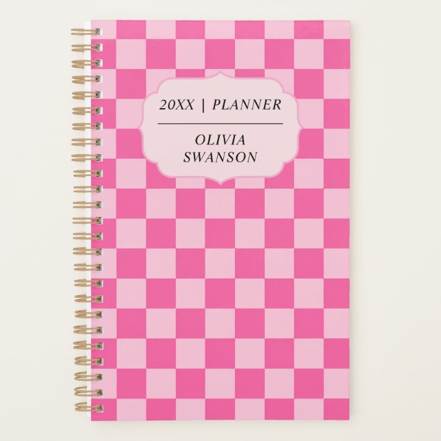 Personalised Pink Chequerboard Preppy Custom Name Planner (Front)