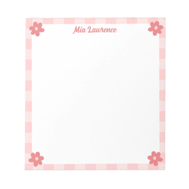 Personalised Pink Chequered Border Retro Flowers  Notepad (Front)