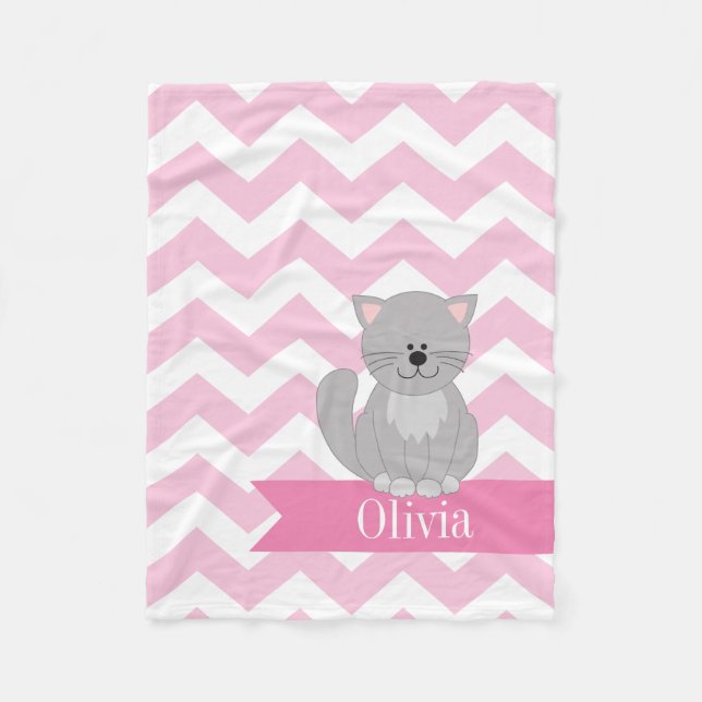 Personalised Pink Chevron Cat Fleece Blanket (Front)