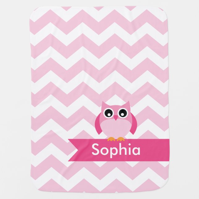 Personalised Pink Chevron Owl Baby Blanket (Front)