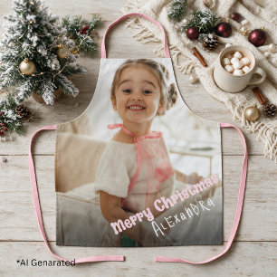 Personalised Pink Christmas Modern Photo Text Apron