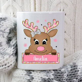 Personalised Pink Christmas Reindeer Xmas Present Coffee Mug