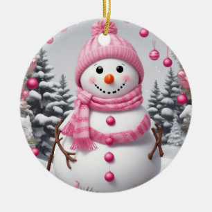 Personalised Pink Christmas Snowman Ceramic Tree Decoration
