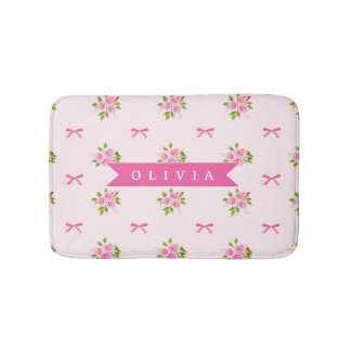 Personalised Pink Coquette Girly Bow Floral Name Bath Mat