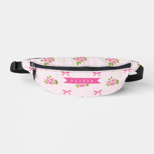 Personalised Pink Coquette Girly Bow Floral Name Bum Bags