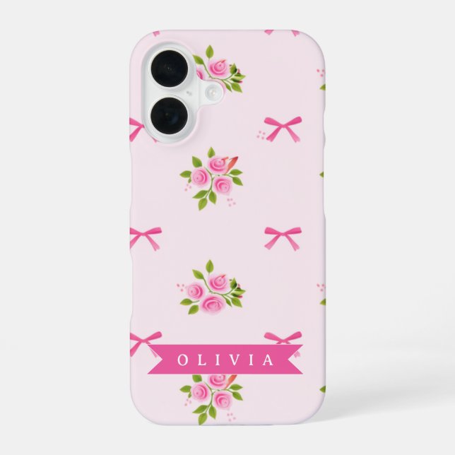 Personalised Pink Coquette Girly Bow Floral Name iPhone 16 Case (Back)